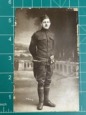 WW1 Doughboy Soldier Studio Photo Sidearm Pistol Belt WWI RPPC