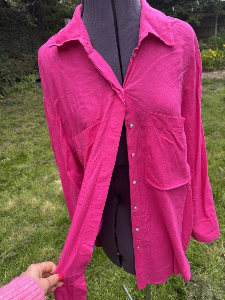 Mango 100% Linen Ladies UK 12-14 Size L oversized fuchsia pink button Top Tunic  - Image 3 of 4