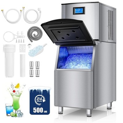 Commercial Ice Maker Machine 500LBS/24H, 350LBS Stainless Steel Storage Bin
