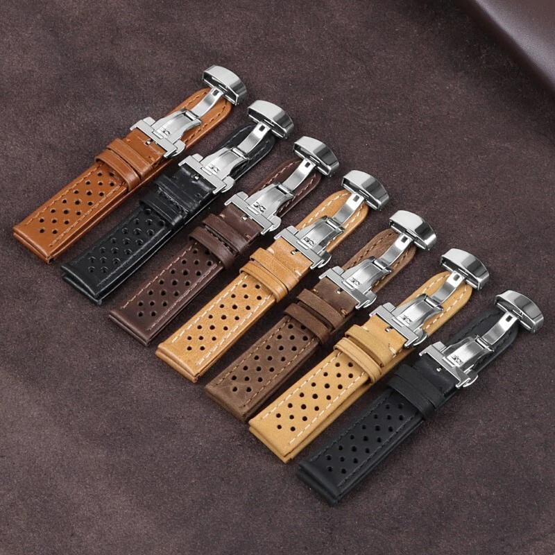 Premium Porous Breathable Leather Watch Band Strap Mens Butterfly Buckle 20 22mm