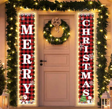 Merry Christmas Lighted Door Banner LED Red Buffalo Plaid Porch Decoration