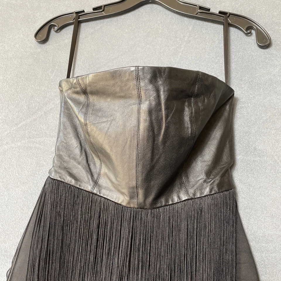 Vestido Blaque Label Negro Cordero Cuero Flecos Talla XS Negro Noche Sin Tirantes Mini Foto 2 de 4