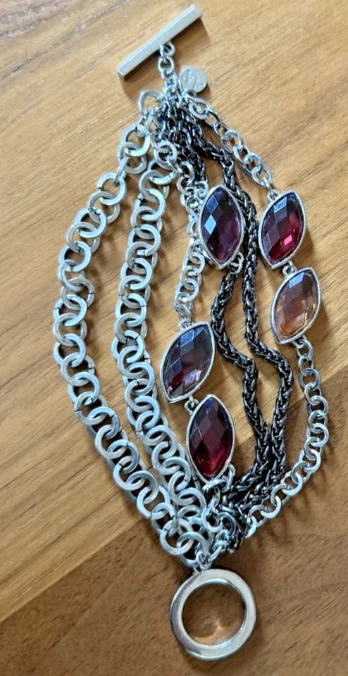 "Brazalete de palanca de 6 cadenas Anne Klein con piedras de vidrio ámbar granate 7,5"" etiqueta AK Y2K" Foto 3 de 4