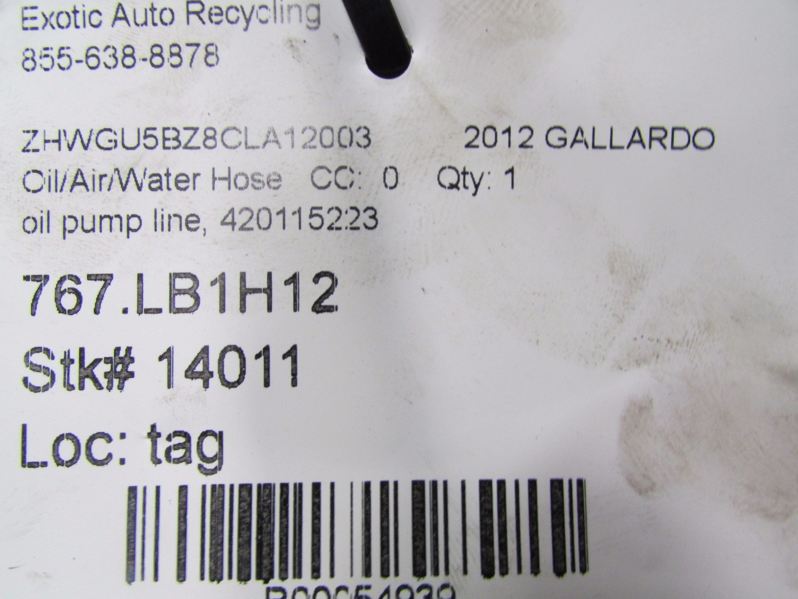 Lamborghini Gallardo LP550, 560, 570 Oil Pump Line, Used, P/N 420115223