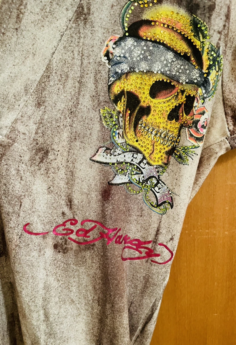 Ed Hardy by Christian Audigier Hoodie Sweatshirt Dress Graphic Yellow Skulls S
