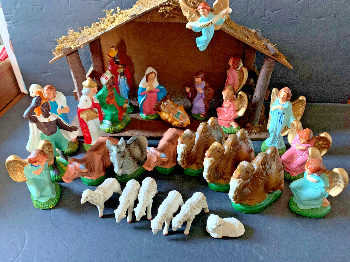 VTG PAPER MACHE NATIVITY JAPAN 1950's ANGELS KINGS SHEPHERD SHEEP