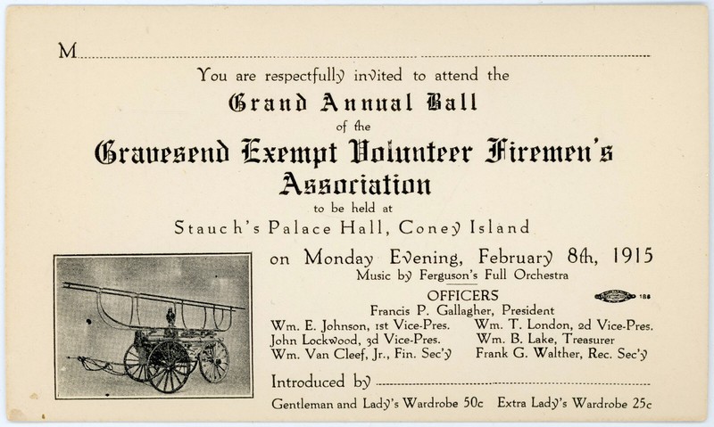 1915 Gravesend Volunteer Firemen's Ball Invite Stauch's Palace Coney Island NY
