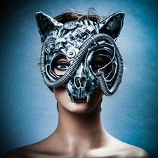 Silver Steampunk Vampire Skull Cat Face Halloween Costume Masquerade Party Mask