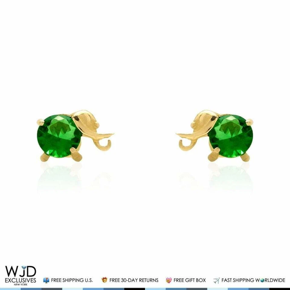14K Yellow Gold Round Emerald Elephant Baby Screwback Stud Earrings - Image 3 of 4