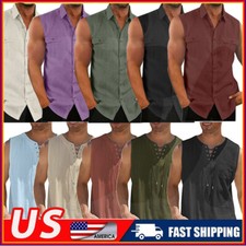 Men Solid Sleeveless Button Down Shirt With Chest Pockets Breathable Tank Top L