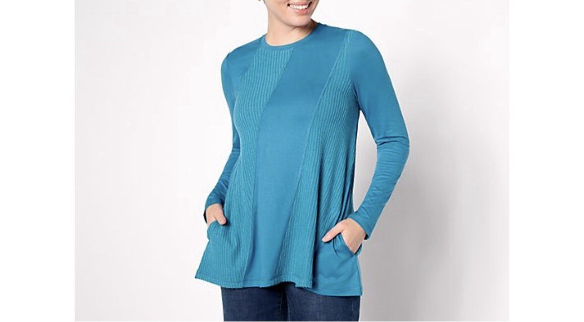 LOGO by Lori Goldstein Crew Neck Mixed Knit Top A631309 Peacock