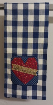 Vtg Blue Plaid Kitchen Cotton Tea Towel Heart Applique Welcome Home 100% Cotton 