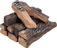 Large Ceramic Logs for Gas Fireplace, 10 Piece Set of Heat Resistant Realistic L
