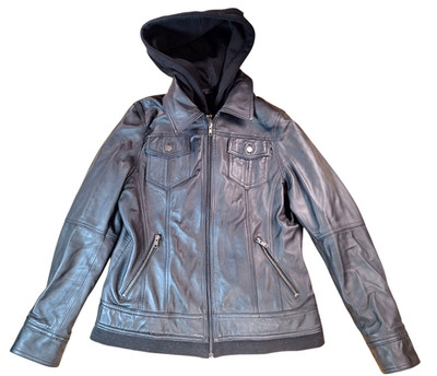 Real Leather Brand 100% Leather Moto Jacket + Zip Off Hoodie Women LARGE Pockets