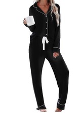 Womens Button Down Pajama Sets Long Sleeve Pj Set Ladies Loungewear Boyfriend...