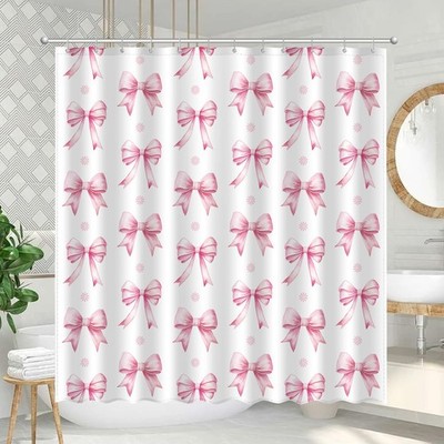 Light Pink Bow Shower Curtain Set Cute Modern Girl Bathroom Aesthetic Cloth