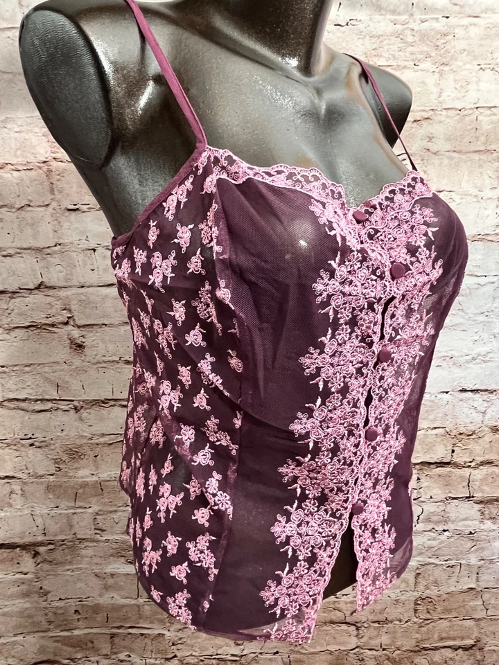 Victoria's Secret Vintage Y2K Embroidered Boho Button Chemise Cami Medium Purple - Image 2 of 4