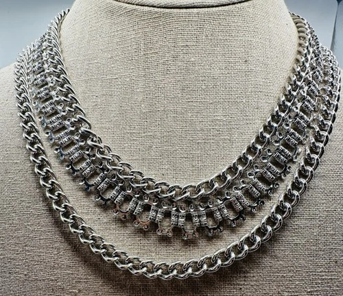 Vintage Coro Multi Strand Chain Link Silver Tone Costume Jewelry Necklace 22”