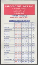 Cape Cod Bus Lines Falmouth MA: Hyannis-Provincetown Schedule 5/26 1984