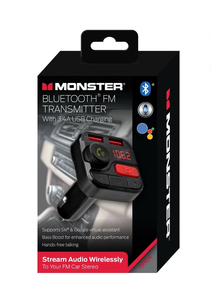Monster LED Bluetooth FM Transmitter with 2 USB Ports, 3.4 Amp, 2 Charging Ports - Image 2 of 4