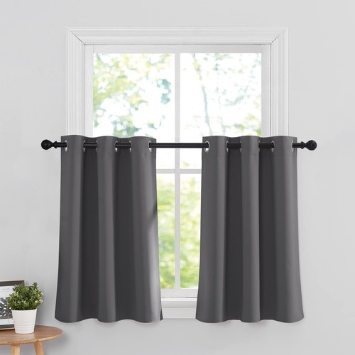 Grey Blackout Curtain Tiers for Small Window, Thermal Insulated Curtains Shor...