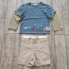 Janie and Jack Shirt and Shorts Set Kids 4 Blue Khaki Tool Applique NEW Builder