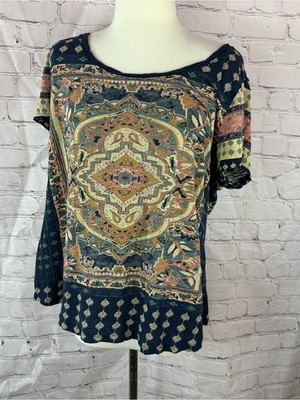 Lucky Brand Navy Top women 1X boho mandala artistic print lightweight