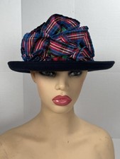 Vintage Lancaster 100 Wool Hat Huge Ribbon Now Navy Plaid Blue Retro Classic