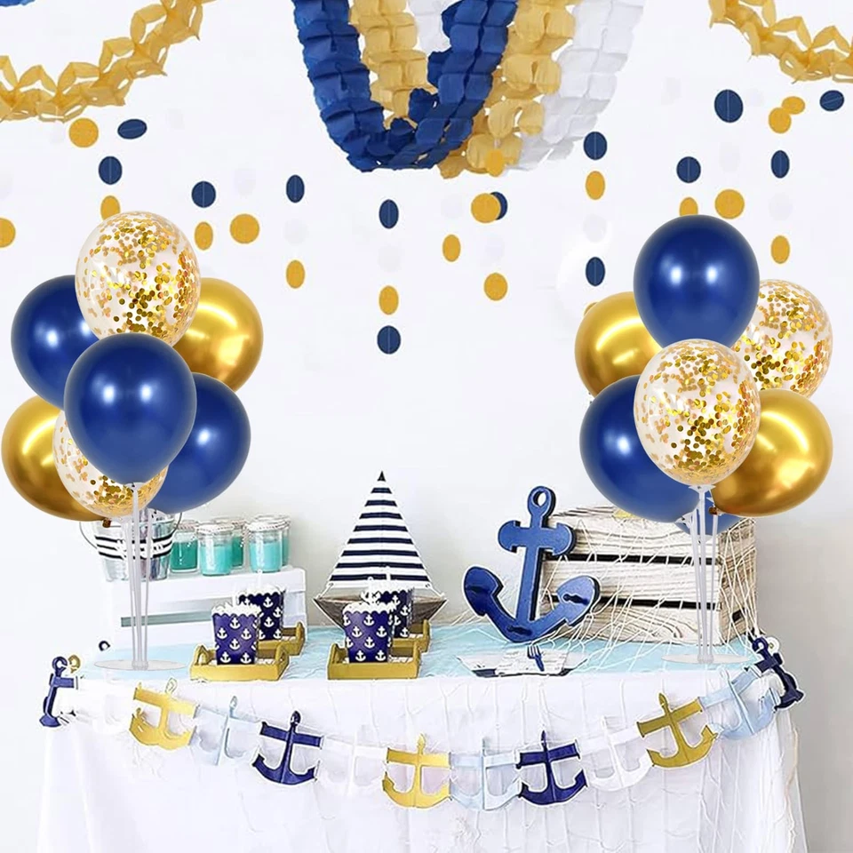 Centros de mesa con globo dorado azul marino para decoraciones de fiesta de graduación 2025 Foto 4 de 4