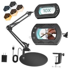 10X Round Magnifying Glass with Light and Stand, 2 Round Base & Clamp Upgrade