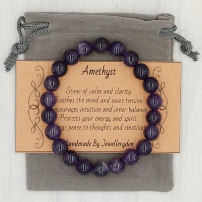 AMETHYST Armband Stretch Fit Handarbeit + Geschenktüte & Karte Kristall Edelstein 8mm