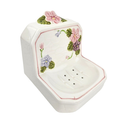 Vtg White Ceramic Soap Dish Holder Floral Wall Counter Cottage Farmhouse