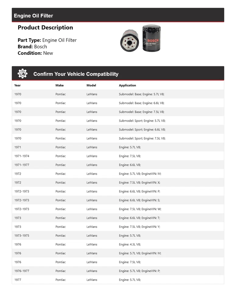 Filtro de aceite premium para Pontiac LeMans Bosch 1970-1977 1971 1972 1973 1974 1975 Foto 2 de 3