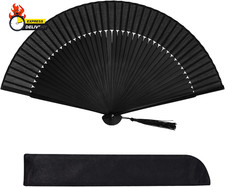 Hand Held Bamboo Silk Folding Fan, Chinese Japanese Handheld Fan with Tassel Woo