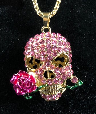 Betsey Johnson Necklace Pink Sugar Skull Crystals Gift Box Organza Bag 