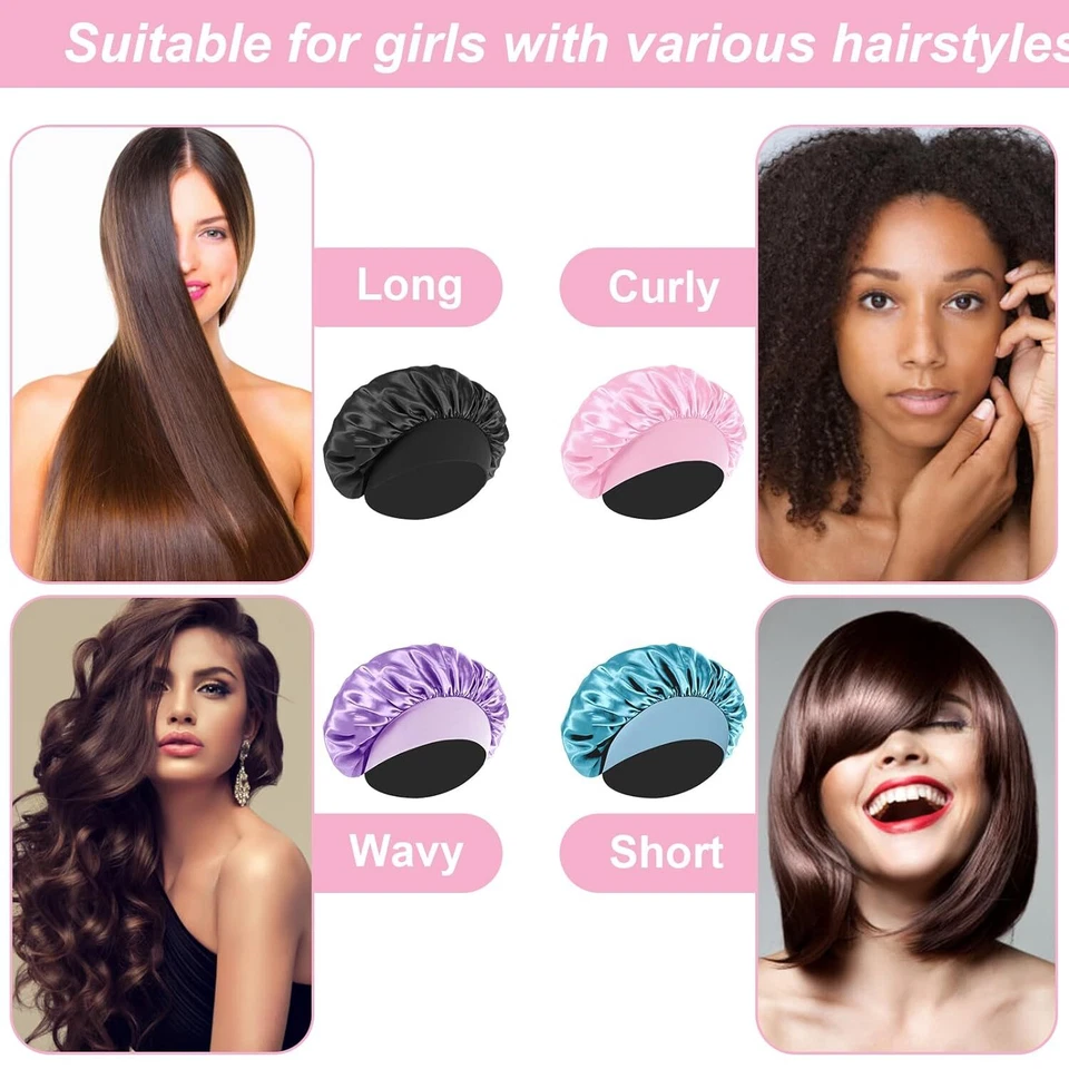 Women Satin Bonnet Night Sleep Cap Hair Hat Silk Head Cover Wide Elastic Band - Image 3 of 4