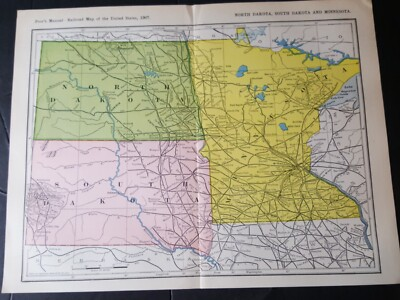 #ad 1907 train route map NORTH SOUTH DAKOTA MINNESOTA 9quot;x 11quot; all railroad lines $12.95