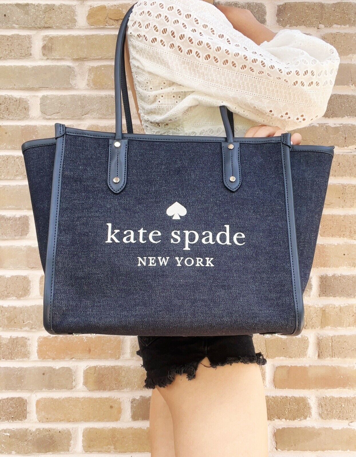 Kate Spade Ella Large Blue Multi Denim Fabric White Logo Shoulder Tote  Handbag 196021024696 | eBay