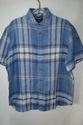 Jos. A. Bank Reserve Size XL Men Gray White Navy Plaid Linen S/S Shirt