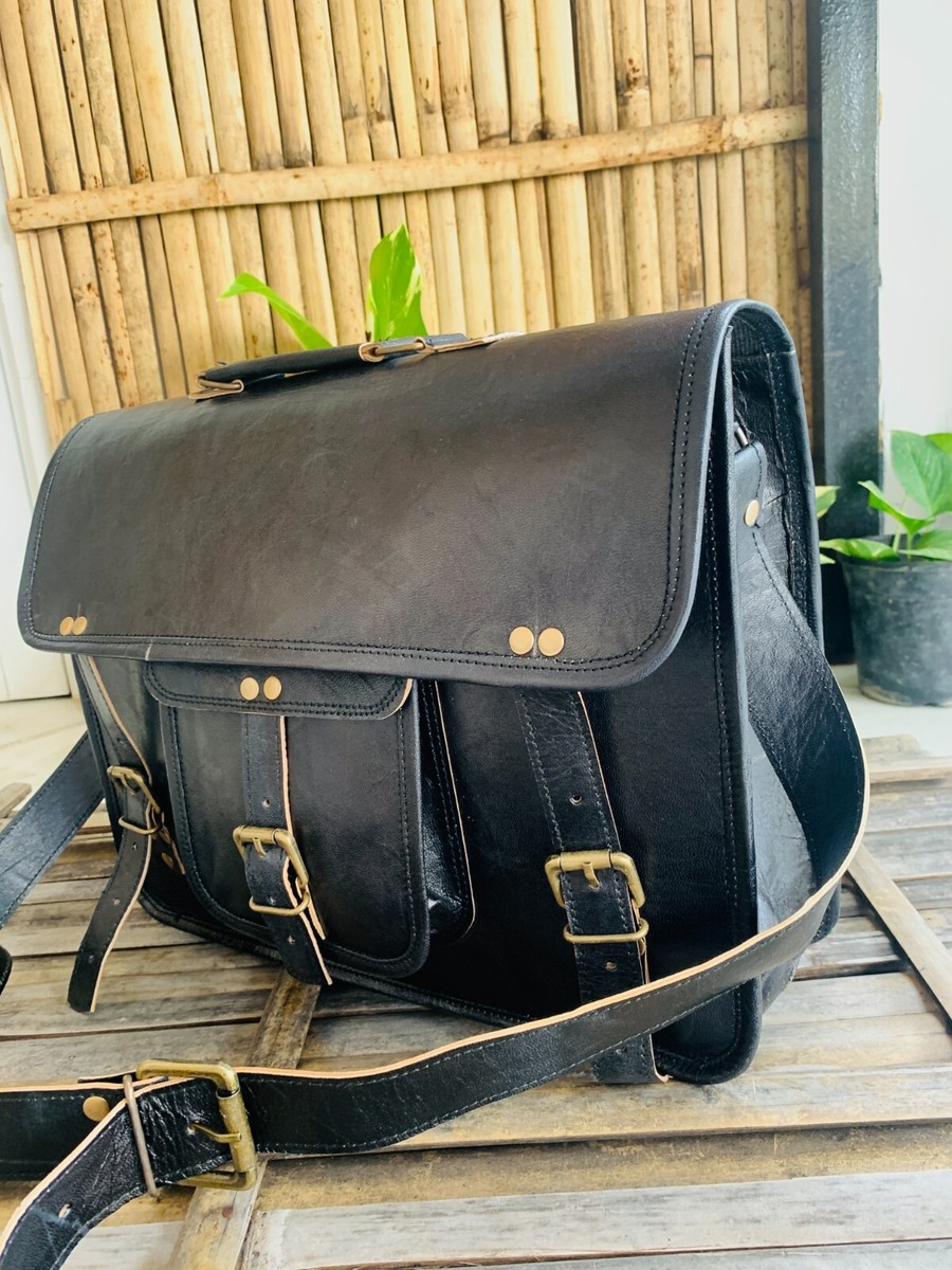 Genuine Vintage Black Leather Messenger Bag Shoulder Laptop Gift