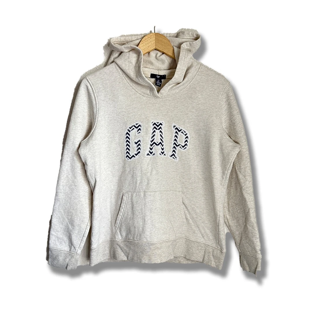 GAP Hoodie Womens Large Ivory Sweatshirt Hooded athleisure 90s Logo Top Zig Zag