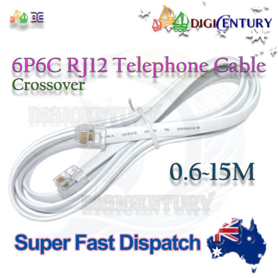 RJ12 6P6C Crossover Reverse Flat Cable -Telecom Modem Device Links White 0.6~15m