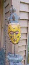 Vtg Hand-Carved Wooden African Mask on Stand, Yellow Face 17"