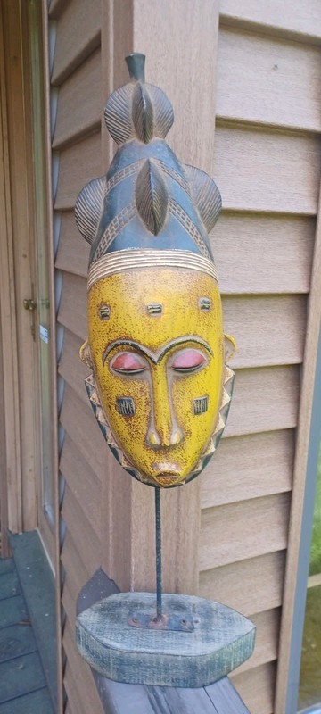 Vtg Hand-Carved Wooden African Mask on Stand, Yellow Face 17"
