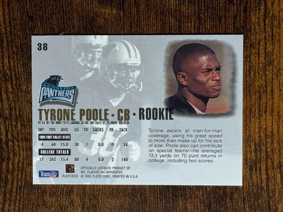 1995 Carolina Panthers ROOKIE Tyrone Poole Fleer Ultra #38 RC - Image 2 of 2