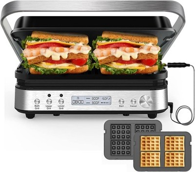 Press Grill Sandwich Maker with Removable Plates, 1600W, 6 in 1 Indoor Grill