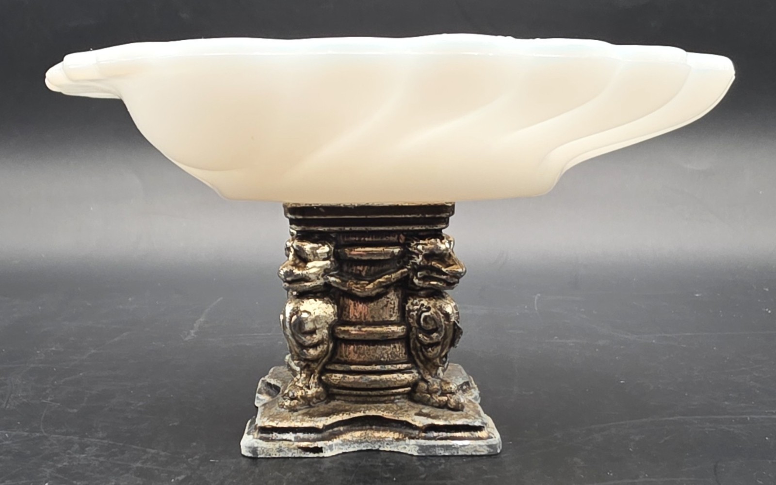 Vintage white milk glass soap dish shaped like a seashell with metal base