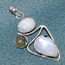 Exclusive Rainbow Moonstone Fiery Labradorite 925 Silver Plated Pendant 2.2" JW