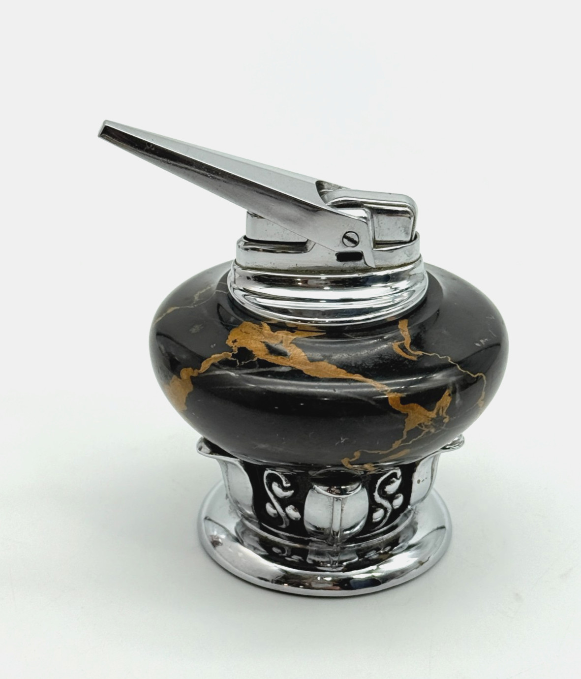 Vintage Art Deco 3-1/2" RONSON Marble & Chrome Table Top Cigarette Cigar Lighter
