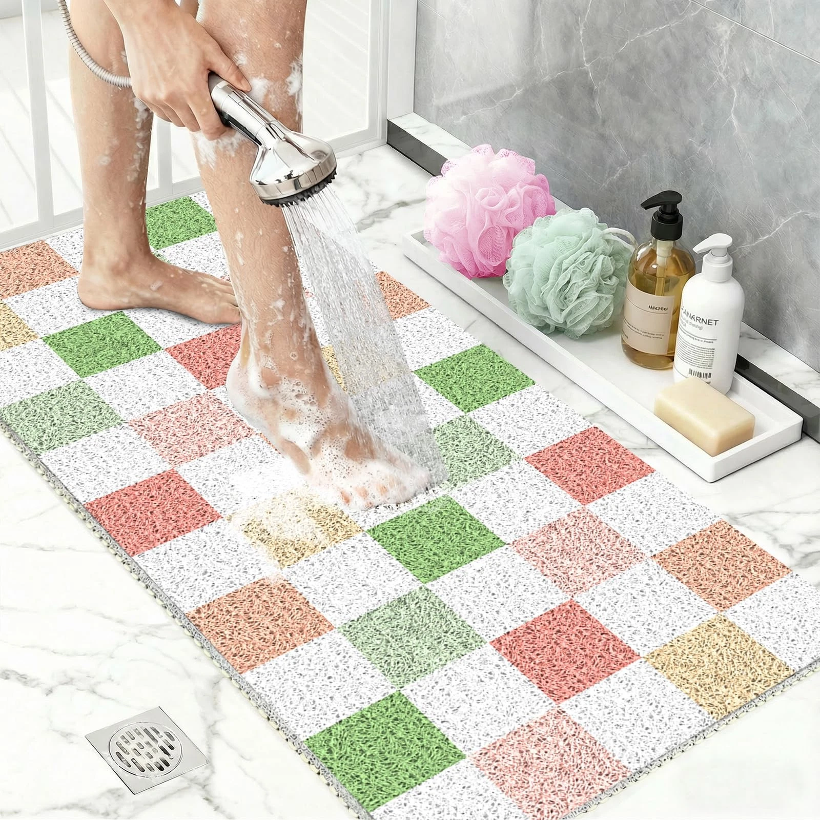 BLESWIN Loofah Mats for 16" x 24" (Rectangular), Multicoloured Checkered